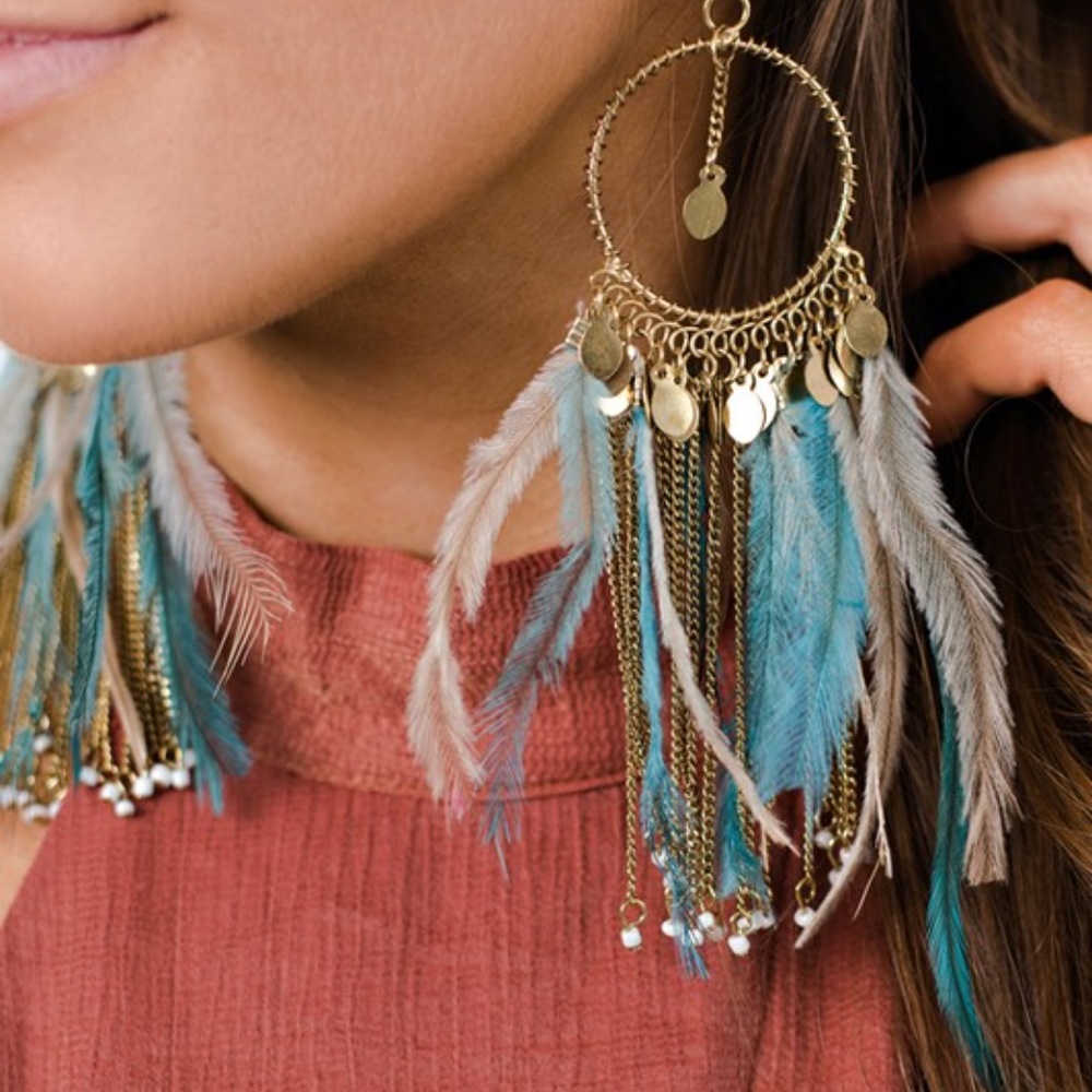 Boho Feather Hoop Earrings - Picture 3 of 4